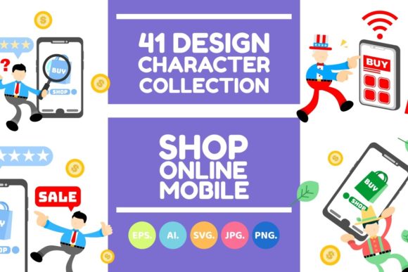 People Shop Online Mobile Cartoon Design Review